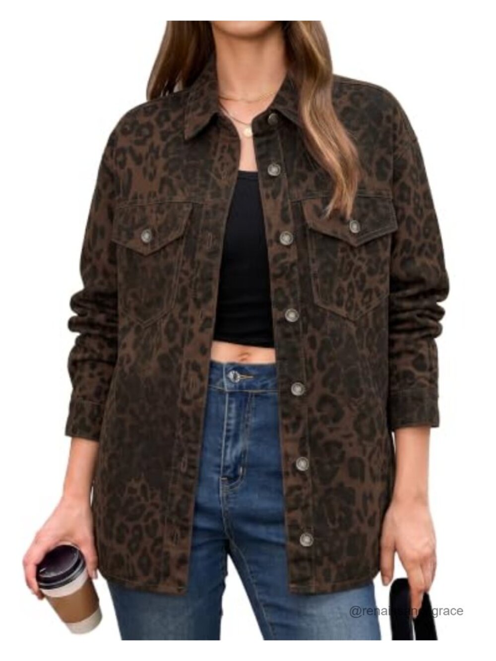 Oversized Leopard Print Denim Shacket Button Down Relaxed Fit Jacket